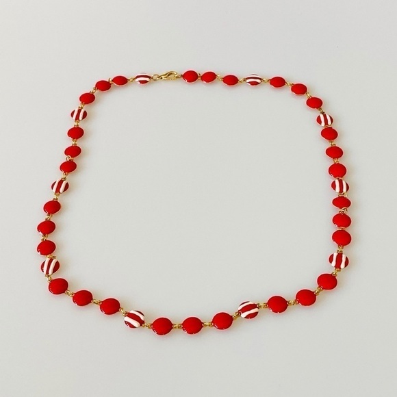 Vintage Necklace Metal Red Enamel Gold Tone - Picture 1 of 8
